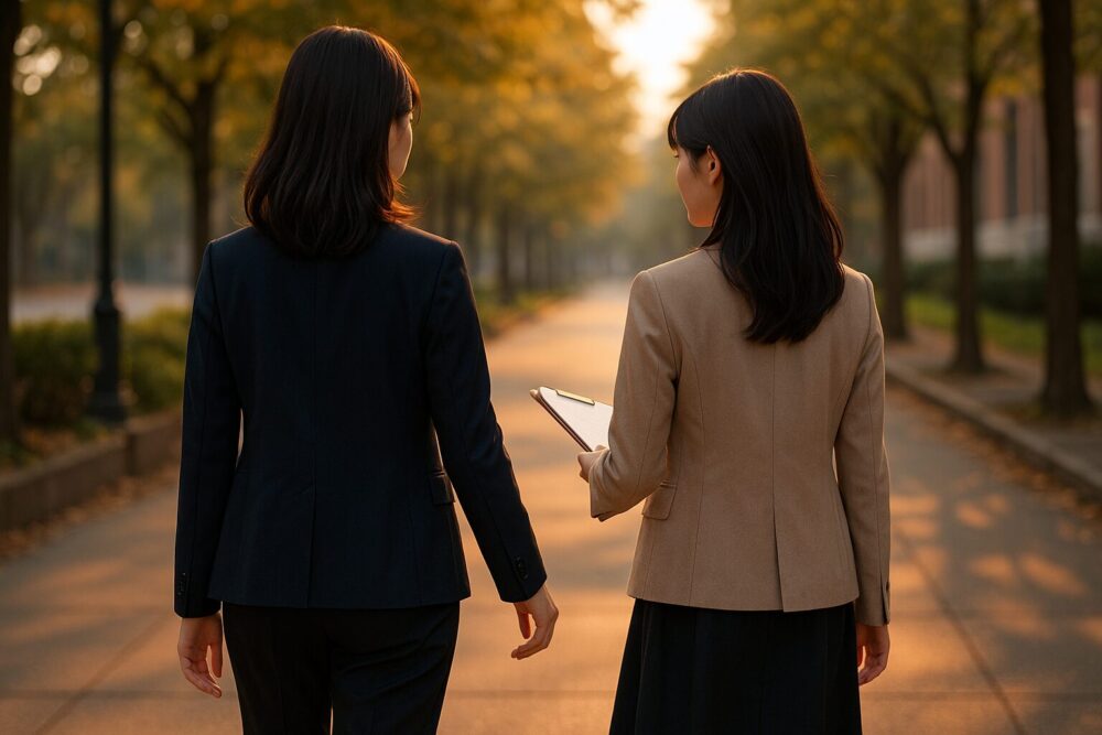 夕方の並木道を、後ろ姿の2人の日本人女性が並んで歩いている様子。背の高い姉と少し低い妹が寄り添う距離感で進む姿が、姉妹関係をイメージさせるフォトリアル画像。