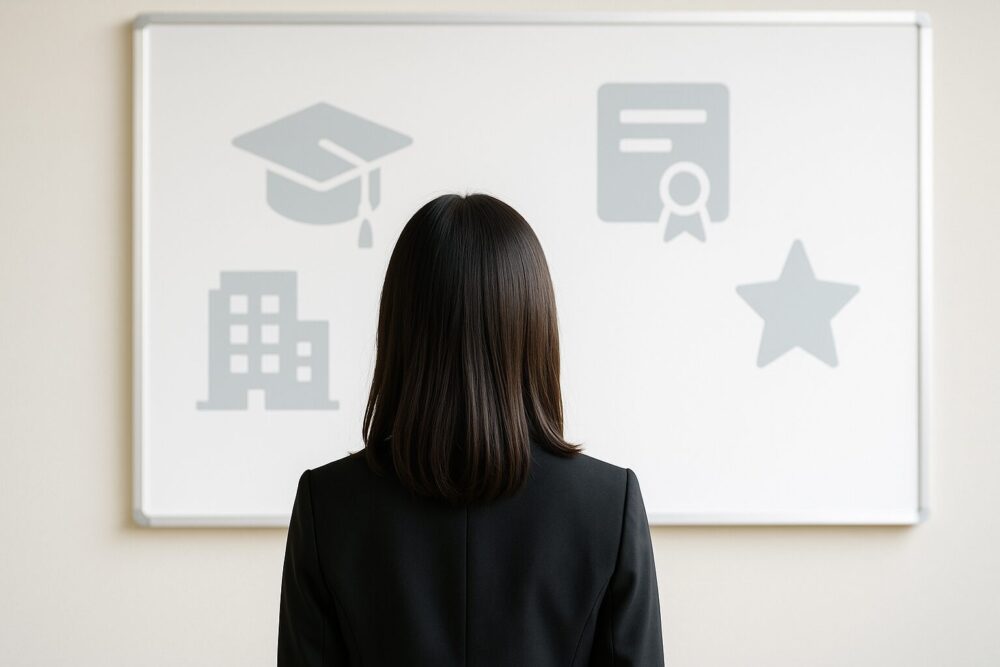 武藤十夢の多彩なキャリアを象徴するアイコンを見つめる女性の後ろ姿のイメージ