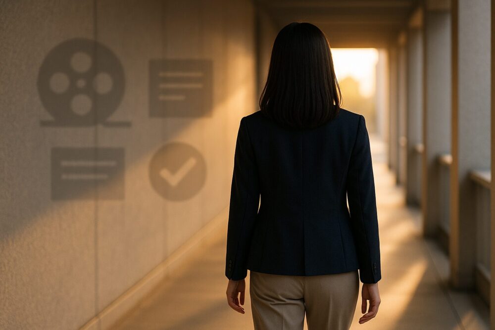 夕方の回廊を、後ろ姿の日本人女性が柔らかな光に向かって歩いていく様子。壁にはフィルムリールやチェックマークの影がぼんやり映り、「俳優」「本名」「事実整理」を総括する締めのイメージを表現したフォトリアル画像。