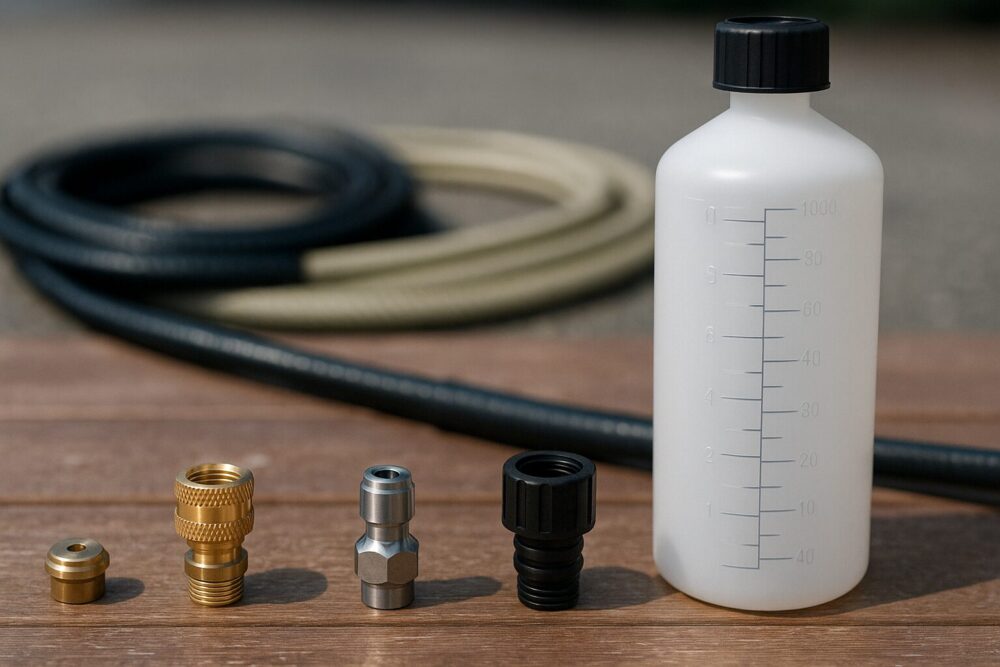 テーブル上に1.1mmオリフィス、真鍮クイックカプラ（1/4QC）、各種アダプター、目盛付き1Lボトルを横一列に整列。口径や材質の違いが分かる距離感で、背景には高圧ホースと一般ホースを平行にぼかして配置。