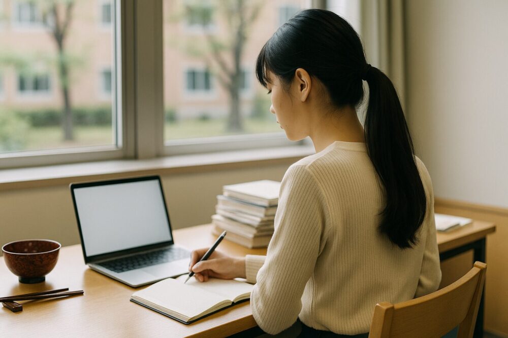 青森中央学院大学で津軽塗をテーマに学ぶ女性学生の後ろ姿で、王林の学びと生き方のスタイルを表現した画像