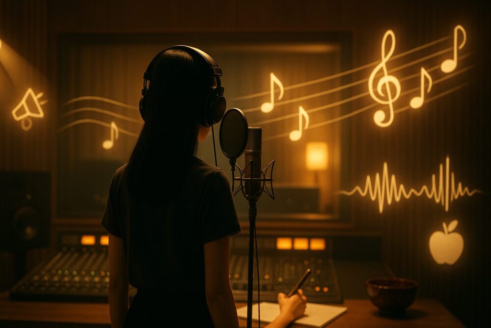 Ourin-王林-としてマイクの前で歌う女性アーティストの後ろ姿で、音楽活動やドラマ主題歌の活躍を表現した画像