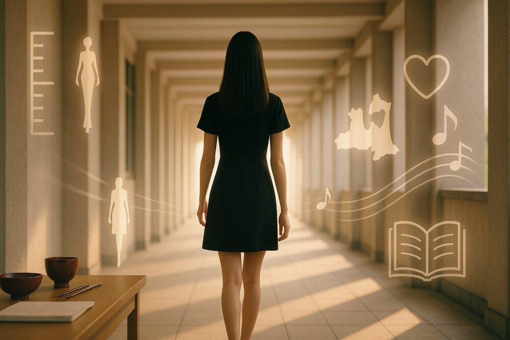 身長やスタイルだけでなく生き方まで含めた王林の魅力を、歩き続ける女性の後ろ姿と象徴アイコンでまとめた画像