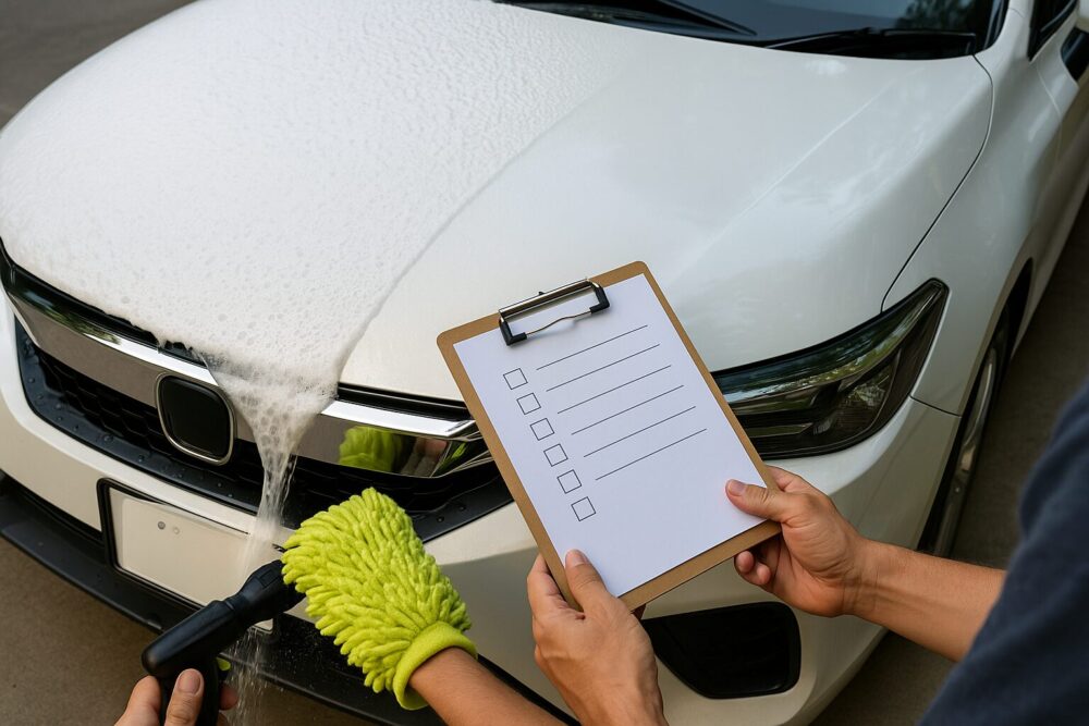日陰の駐車場。ボンネット左半分は均一な泡、右半分はホースでリンス中の面分割。手前にミットの手元とチェックリスト（文字は不可読）が入り、手順の流れが分かる斜め前カット。
