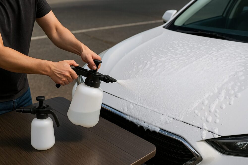 日陰の駐車場で、2L蓄圧ボトルを片手でポンピングし、もう片手で白いボンネットへ均一に泡を噴霧する瞬間。無地ラベルでブランド特定不可、斜め前からの躍動感あるカット。