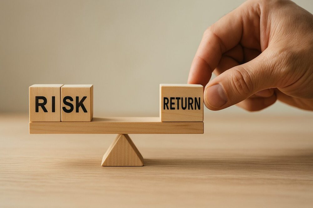投資のリスクとリターンのバランスを取る木製ブロックと手元のクローズアップ