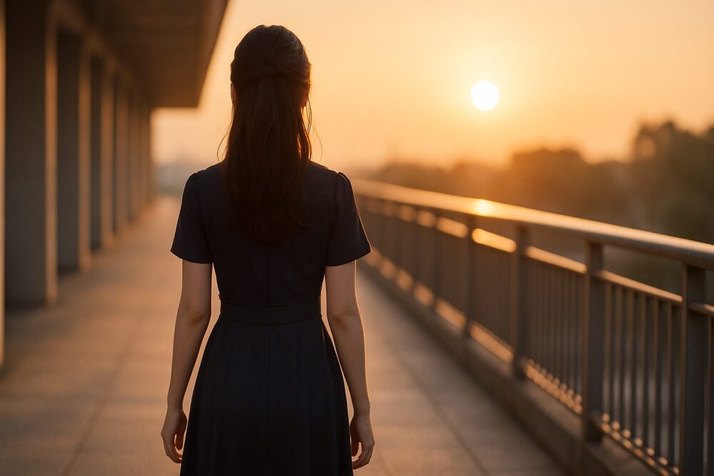夕方の屋外回廊を前方へ歩く後ろ向きの女性。落ち着いたワンピースにハーフアップの髪、遠景に柔らかな夕陽。手すりと床のリーディングラインが“締め”の雰囲気を作る