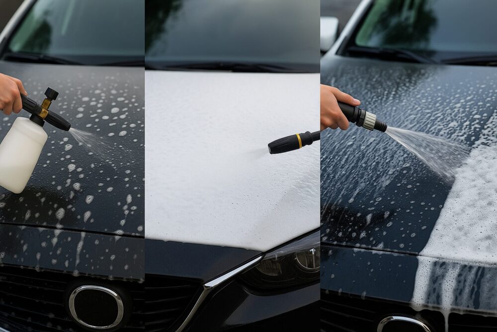 同一ボンネットの擬似トリプティク。左：蓄圧は泡が中厚で扱いやすい／中：高圧は厚い泡の“面”が広がる／右：ホース直結は泡が中程度で広く分布。上からやや斜めの角度で違いが一目で分かる。