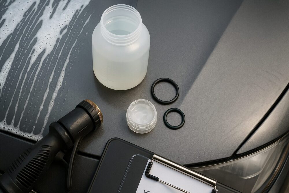 黒いボンネットの対角構図。左は半乾きの泡、右は乾き跡がうっすら。手前にホースノズルとシリコングリス容器、Oリングを置き、原因対策の連想ができる。