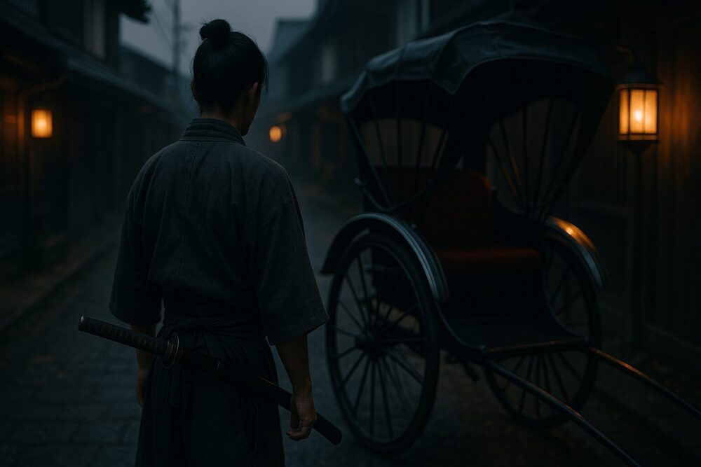 祇園三助をイメージした車夫と侍の二面性を持つ男性の後ろ姿イメージ