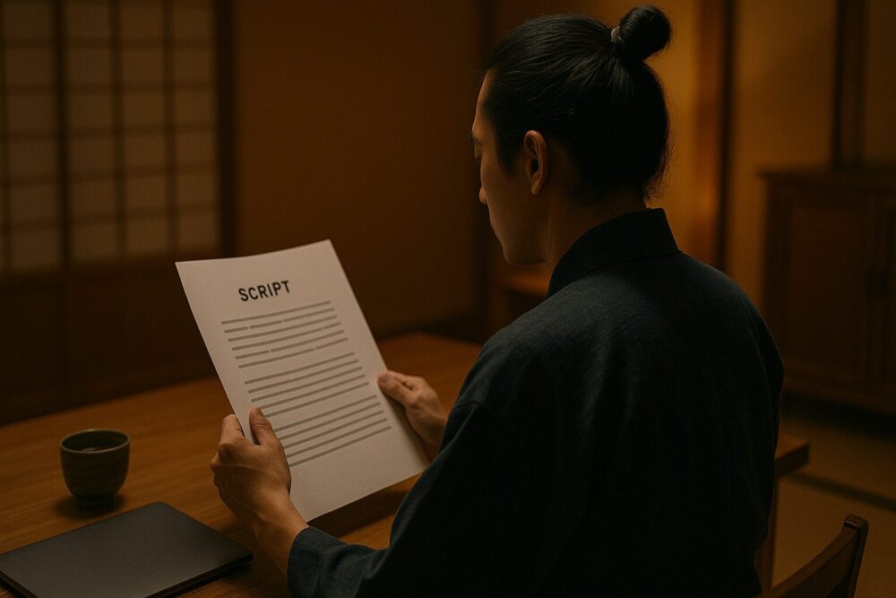 台本を読む俳優の後ろ姿で『イクサガミ』への思いと役作りを表現したイメージ画像