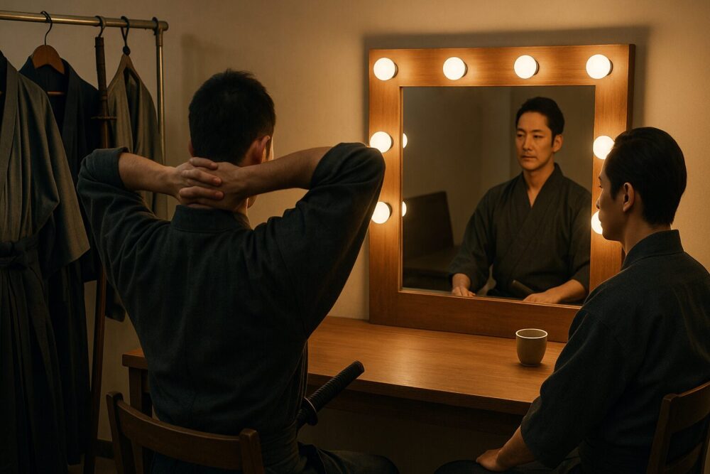 控室で共演者と準備する俳優たちの様子を描いた『イクサガミ』撮影現場イメージ