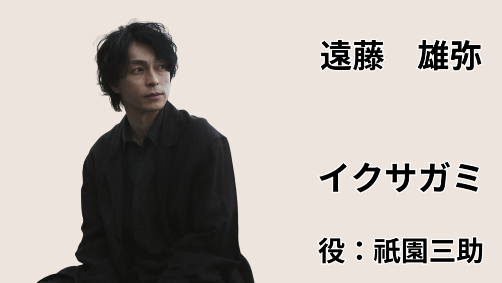 ドラマ『イクサガミ』で祇園三助を演じる遠藤雄弥を紹介するアイキャッチ画像（左に遠藤雄弥、右に作品名と役名のテキスト）
