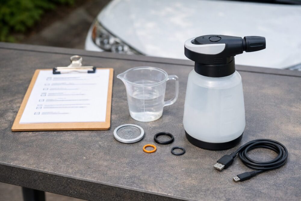 電動フォームガンの選び方チェック項目(泡質・容量・充電・メンテ)を示す俯瞰写真