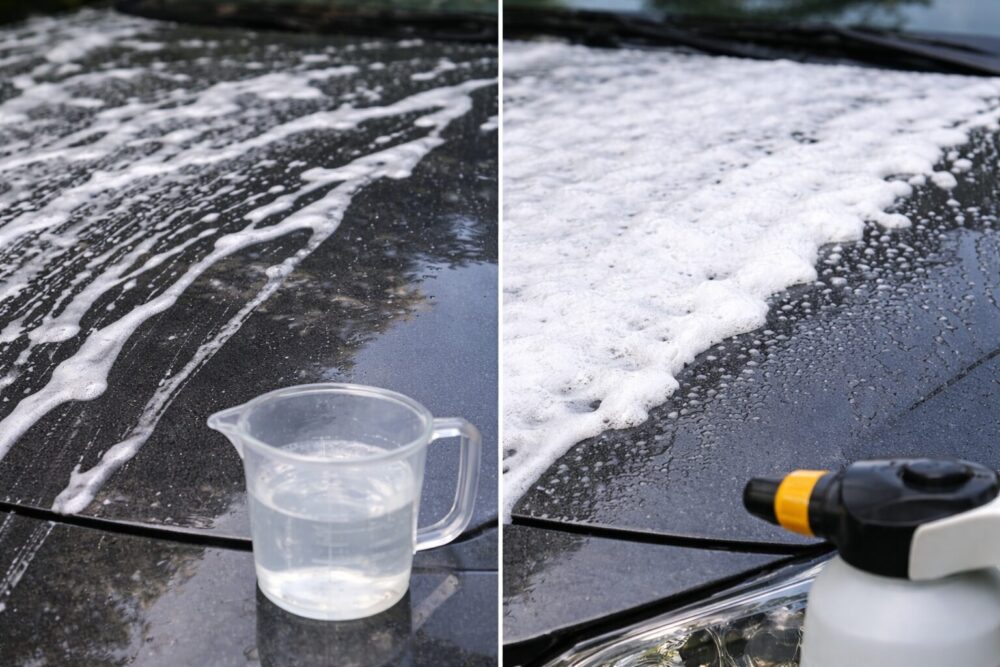 泡が薄い原因(希釈・噴射)を見直す改善イメージ(洗車 フォームガン 電動)