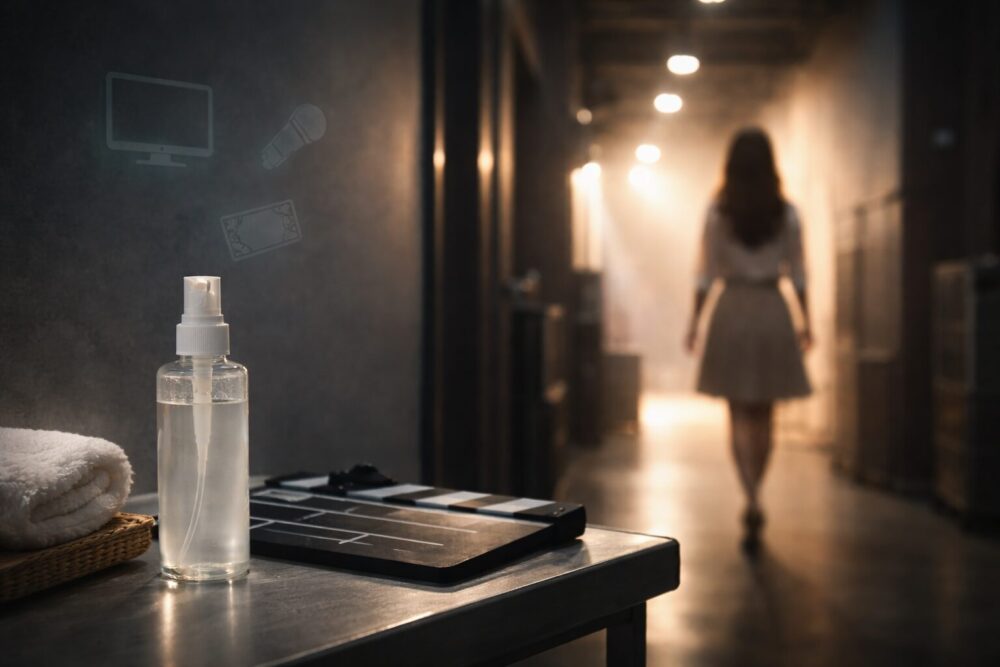 橋本環奈 シャンプーのWEB CM話題を連想させるスタジオ通路とスプレーボトルのイメージ