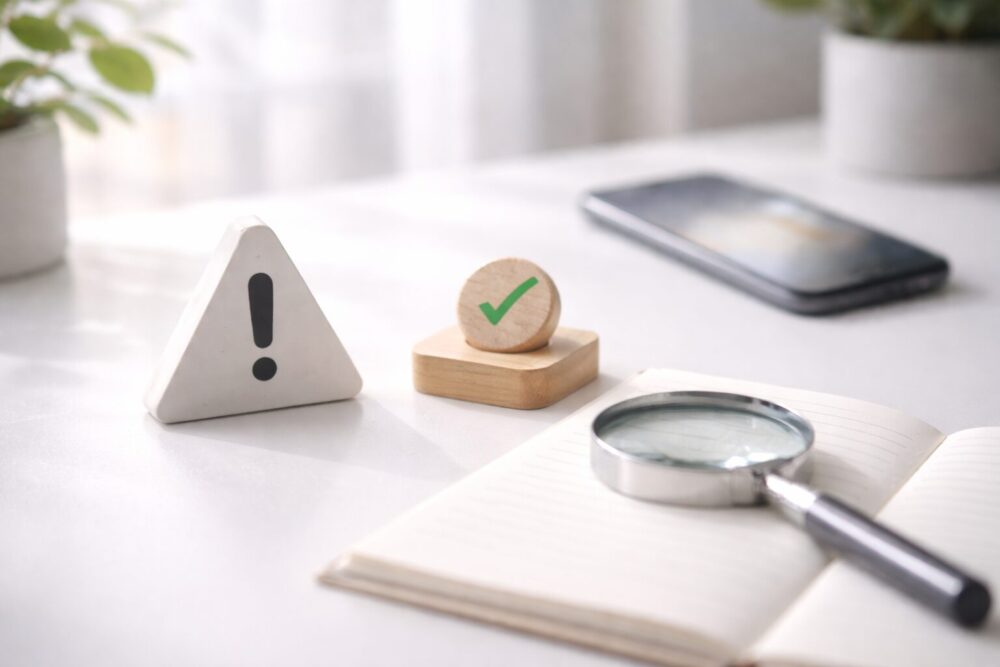 橋本環奈 シャンプーを愛用品と断定しないための根拠確認イメージ（注意マークと虫眼鏡）