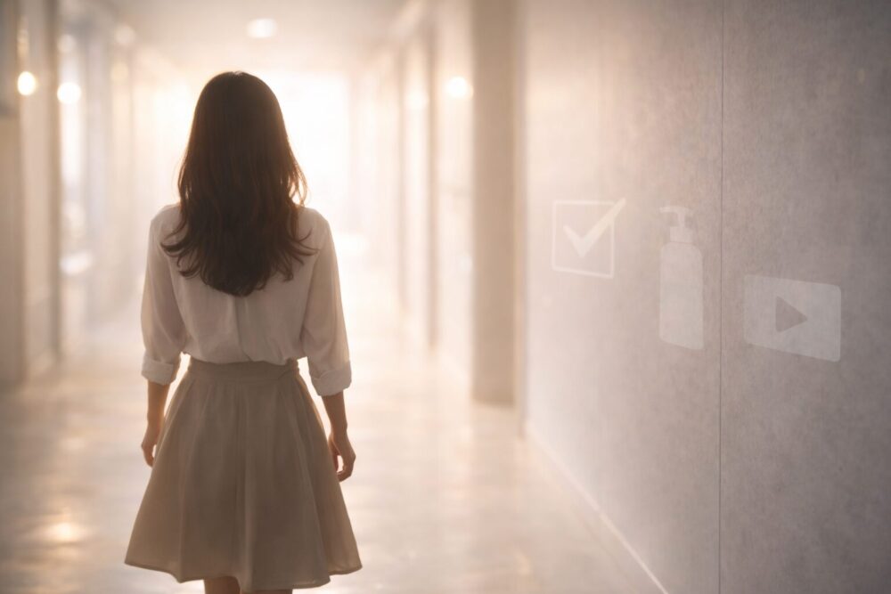 橋本環奈 シャンプーの話題を整理して結論へ進む締めのイメージ（回廊を歩く後ろ姿）