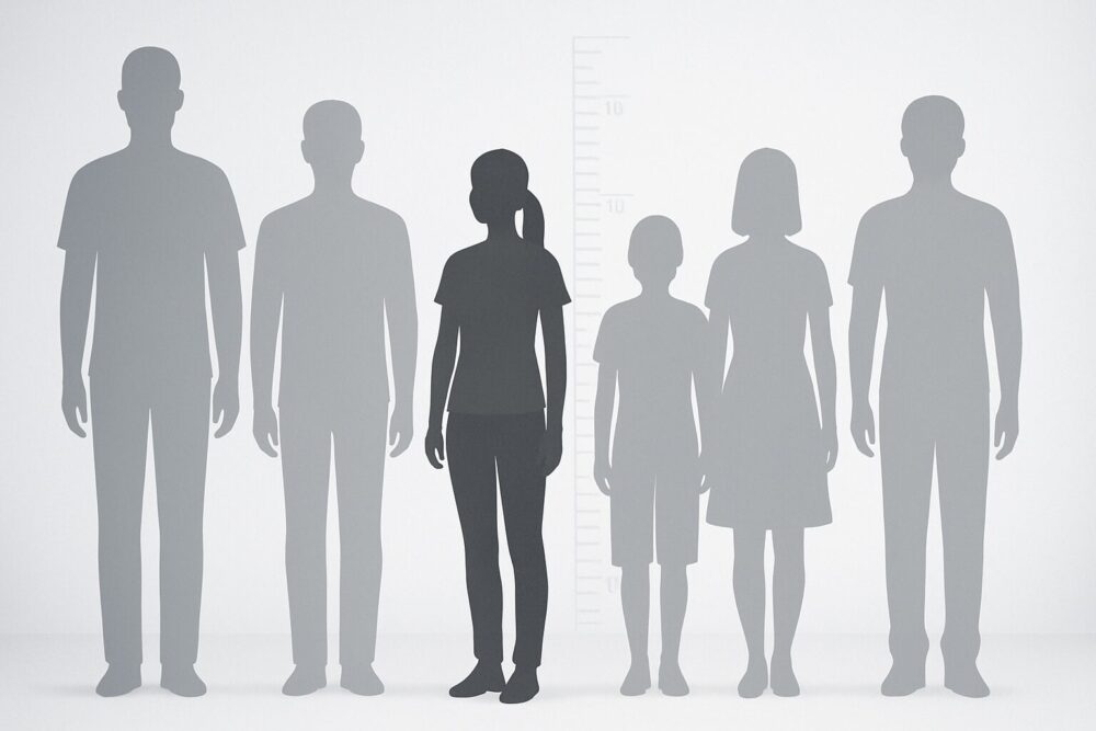 身長157cmの今田美桜が平均的な身長バランスでさまざまな役柄を演じるイメージを表現したシルエット風の比較イラスト