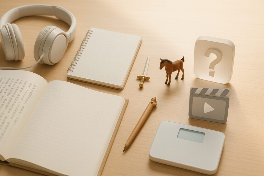 語学勉強（中国語）とアクション・乗馬など、今田美桜の趣味や特技を象徴する教科書と小物を並べた写真風イメージ