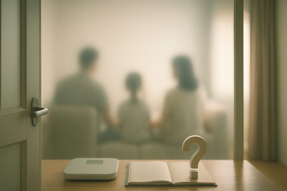 今田美桜の家族構成が公式には詳細非公表であることをイメージした、ガラス越しに家族シルエットだけが見える写真風イメージ