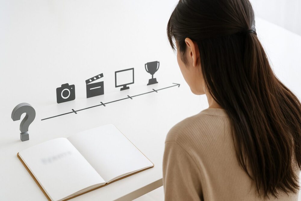 今田美桜のデビューからドラマ・映画でブレイクするまでの経歴を時系列でたどるイメージのタイムライン風写真