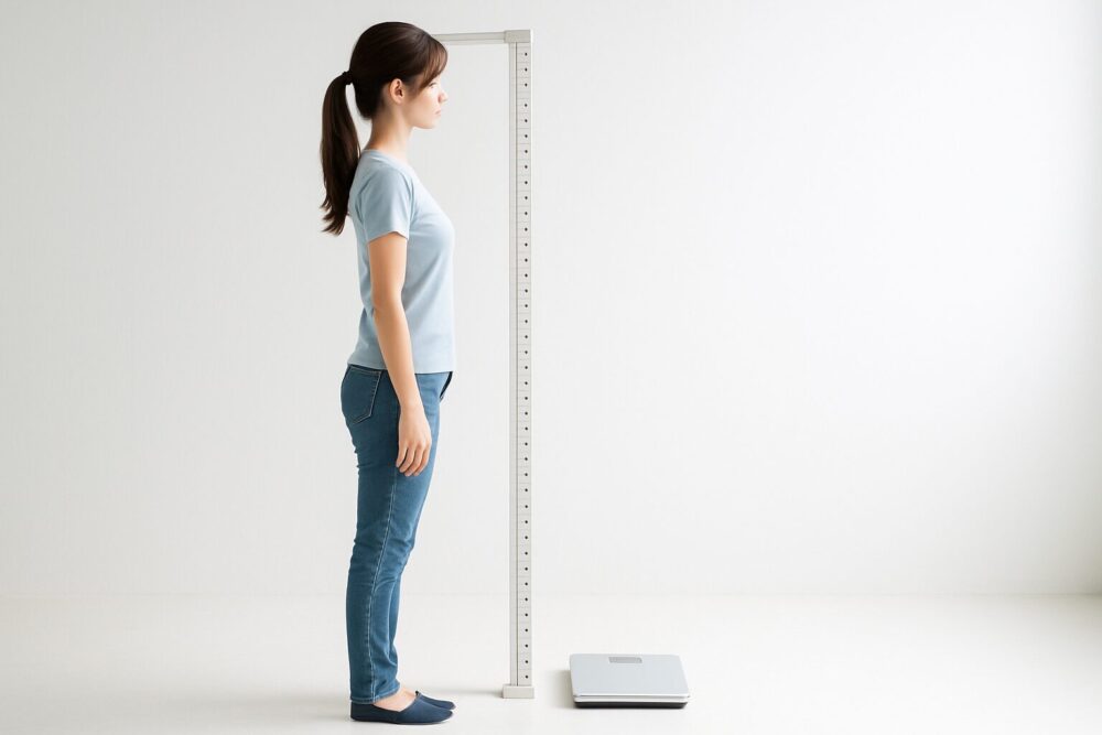 今田美桜の身長157cmと体重非公開というプロフィールをイメージした、身長計と体重計の前に立つ女性の写真風イメージ