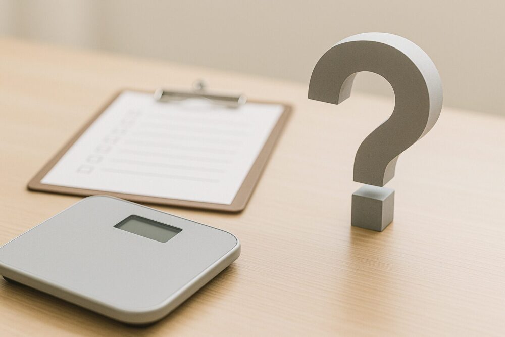 今田美桜の体重が非公開であり、憶測で数値を書くことへの注意点をイメージした体重計とクエスチョンマークの写真風イメージ