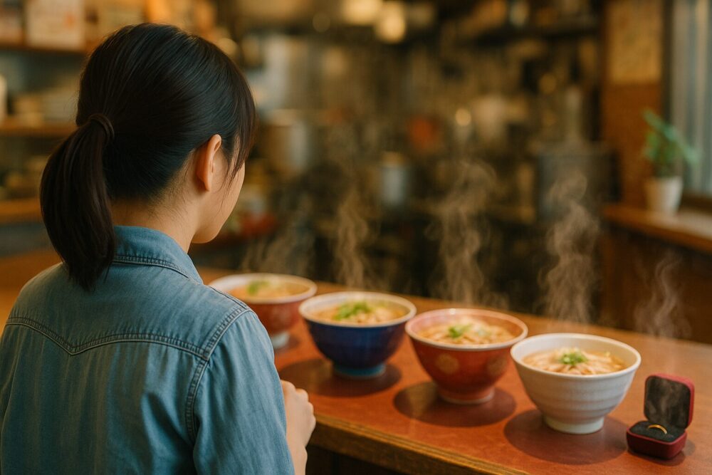 松村沙友理のラーメン大食いエピソードを表現した複数のラーメンを食べる女性の写真