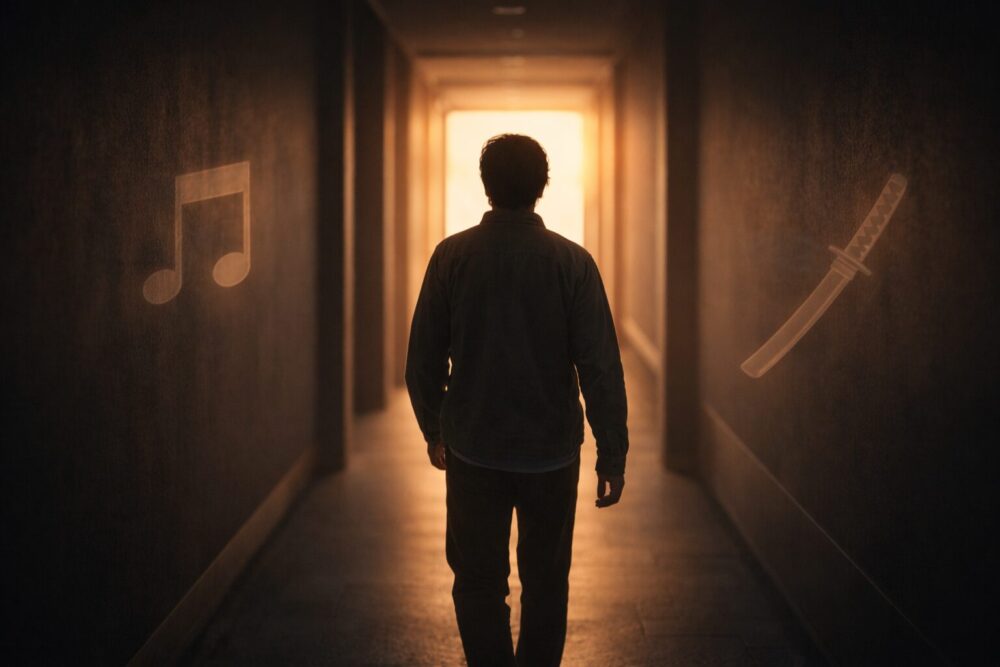 岡崎体育と『イクサガミ』の話題を総括する、光へ歩く後ろ姿のイメージ画像