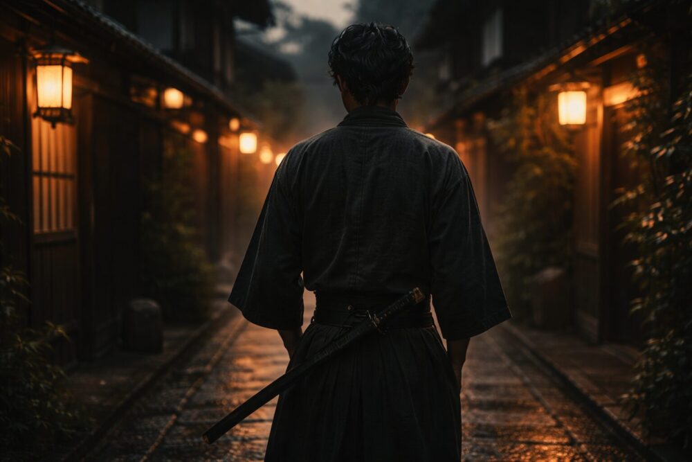 『イクサガミ』蹴上甚六をイメージした、路地に立つ剣士の後ろ姿