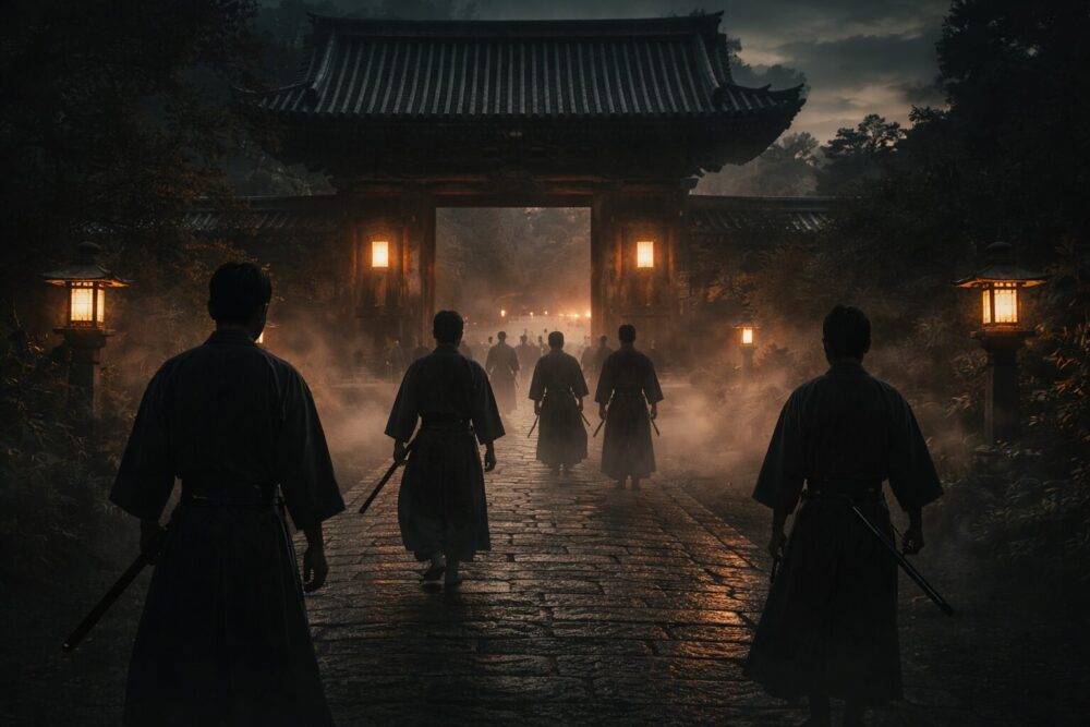 Netflix『イクサガミ』の世界観をイメージした、夜の寺門と侍のシルエット画像