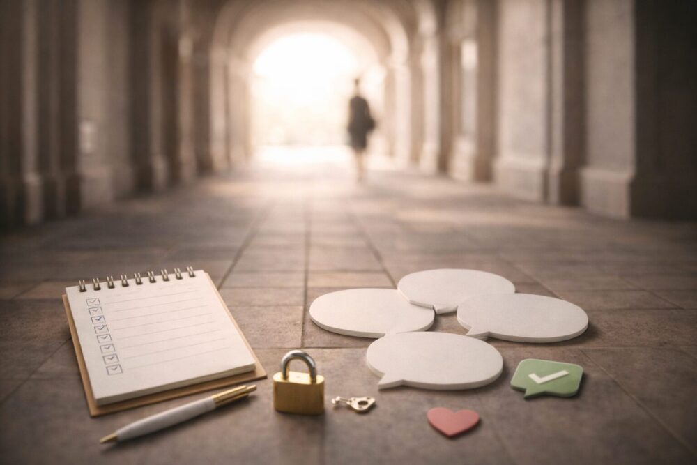 芦田愛菜の母親の教え（言葉の教育）が結果につながることを表す、回廊とチェックリストの画像