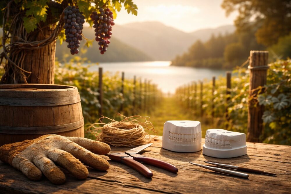 坂東龍汰の父親トピックスを示すぶどう畑とワイン樽、職人道具のイメージ(公式情報整理)