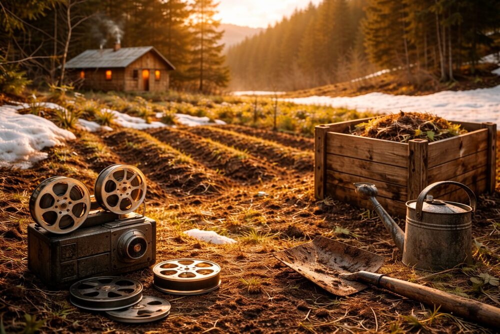 坂東龍汰の北海道移住後の生活(自給自足・畑・堆肥・映画)を表すフォトリアルなイメージ