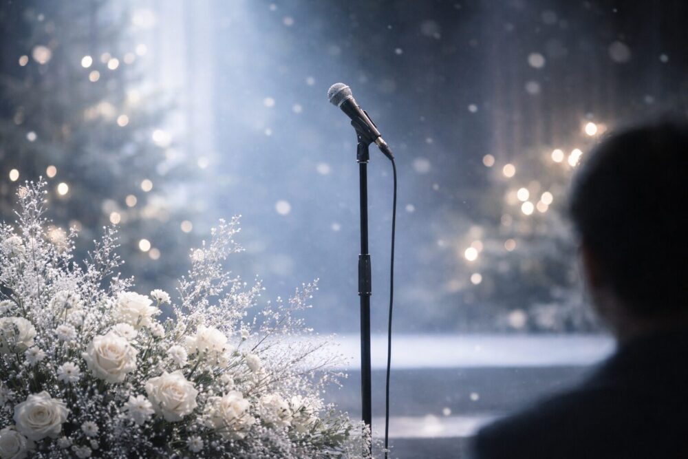 冬の新曲や近年活動を連想させるイメージ：雪のような光とマイクのステージ演出