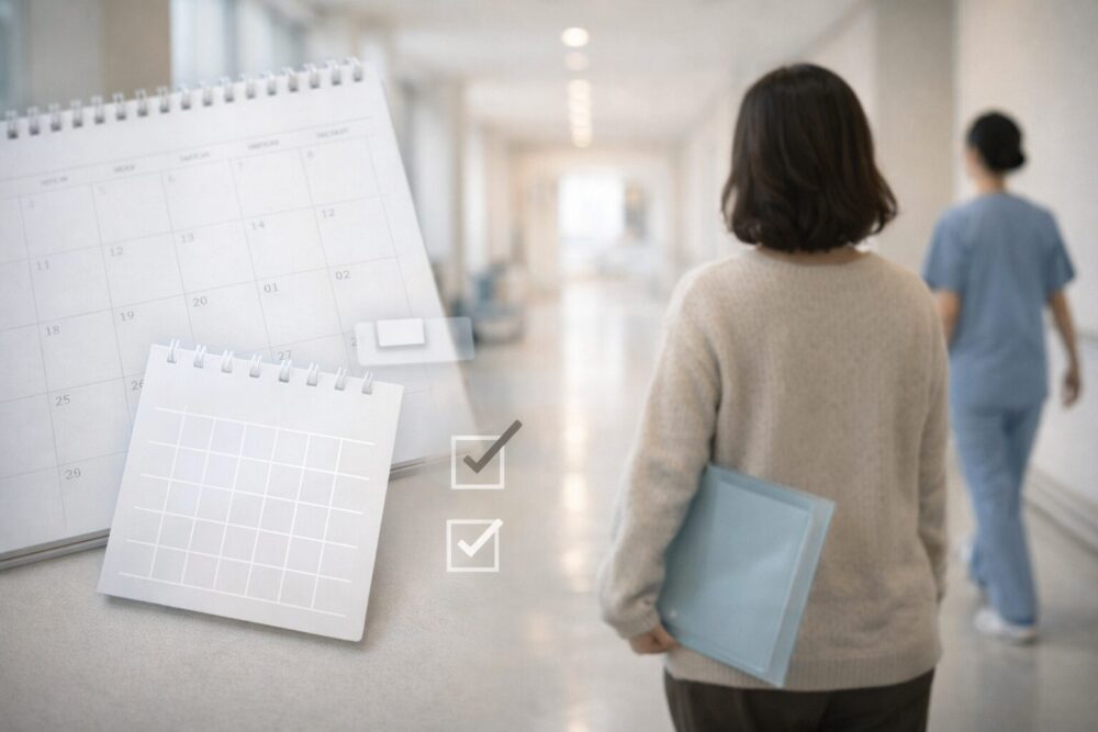 2024年の手術公表と検診の流れを整理するイメージ：病院の廊下とチェックリスト（文字なし）