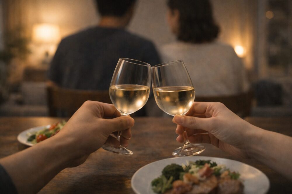 結婚記念日の乾杯を表すイメージ：グラスを合わせる手元と温かな食卓