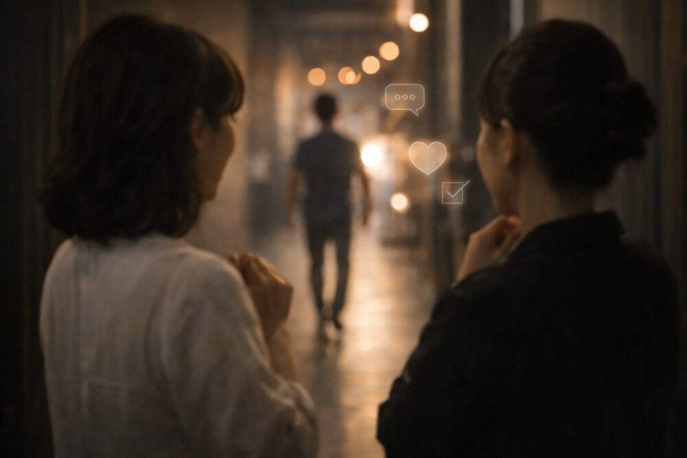 夫婦エピソード導入のイメージ：廊下で会話する後ろ姿と、さりげない吹き出しアイコン