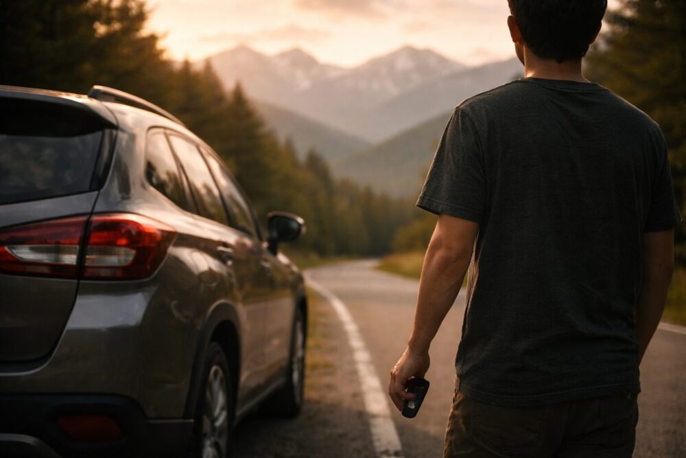 長距離で駆けつける行動力を表すドライブイメージ：夕方の山道と車のキー