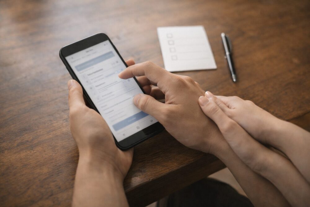 検査予約を後押しする夫婦のイメージ：スマホ操作の手元と寄り添う手（文字は判読不可）