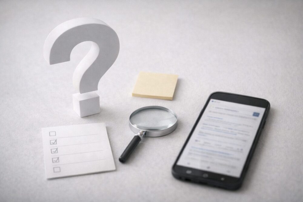 藤あや子の旦那に関するQ&A用イメージ：疑問符オブジェとチェックリストのデスク