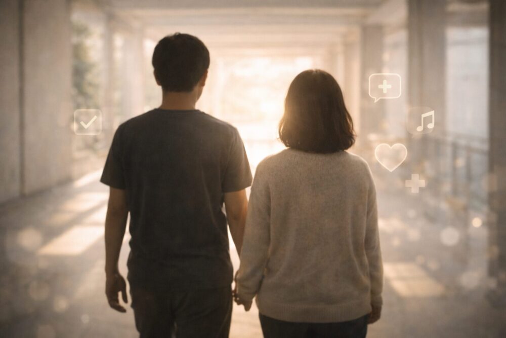 まとめ用イメージ：光へ向かって歩く夫婦の後ろ姿と、支え合いを示す淡いアイコン