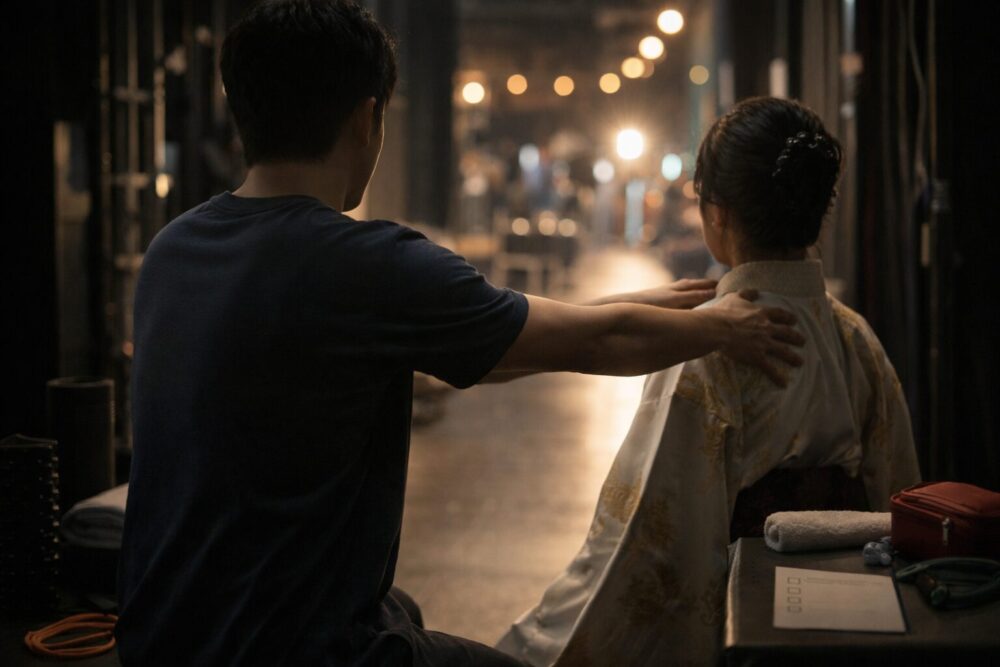 劇場公演を支えるトレーナーのイメージ（後ろ姿のストレッチと舞台裏の通路）