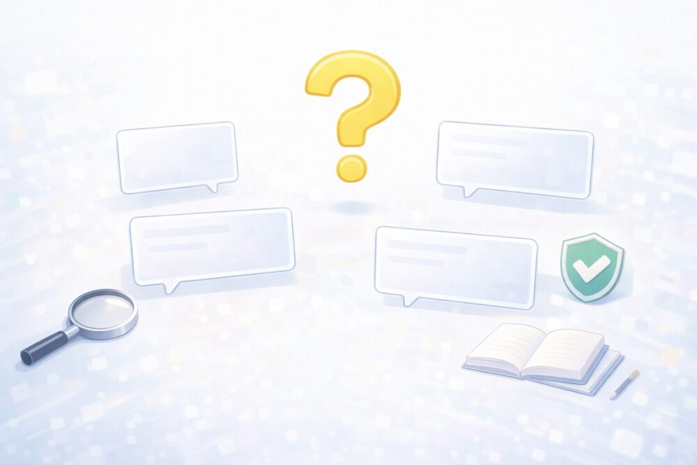 疑問符オブジェと無地の吹き出しカード、虫眼鏡とチェックマークで構成したQ&Aのイメージ