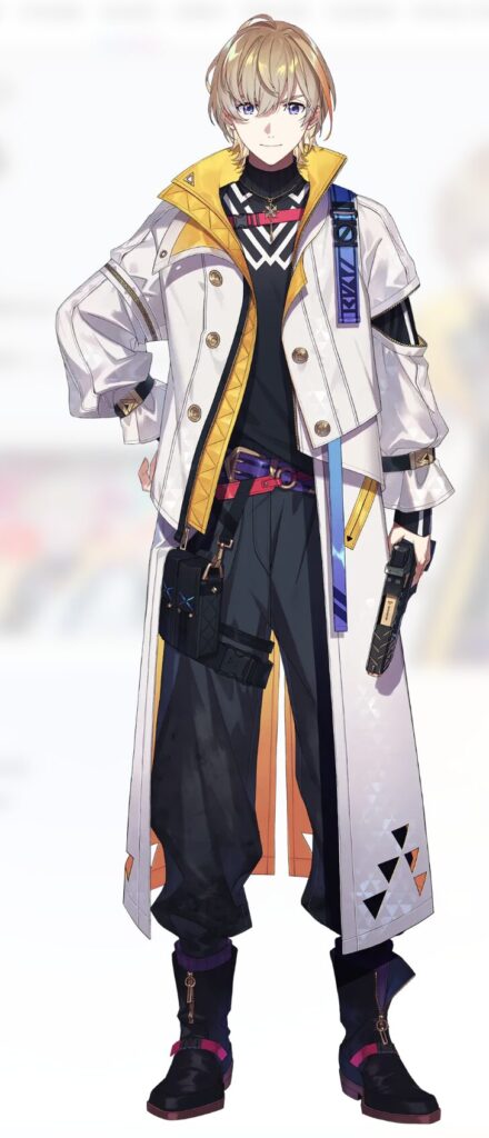 風楽奏斗の全身立ち絵（白いロングコートに黄色の差し色、青い目のVTuberキャラクター）