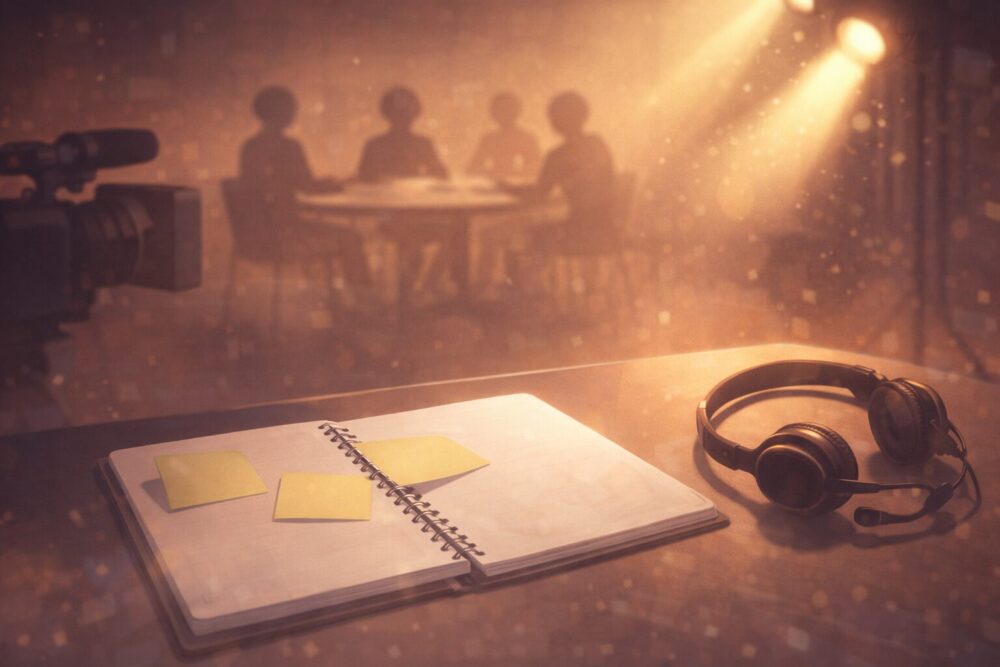 台本ノートやヘッドセット、カメラが置かれた舞台裏を表す、公式インタビューの雰囲気ビジュアル