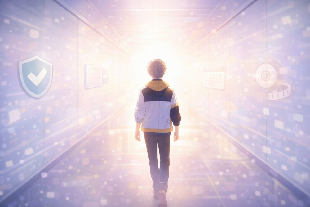 光へ向かって歩く匿名アバターの後ろ姿と、チェックマークや公式資料アイコンが浮かぶ前向きな締めのビジュアル