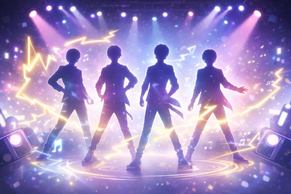 4人組ユニットを抽象的な光のシルエットで表した、ダンスとライブ感のあるステージ演出ビジュアル