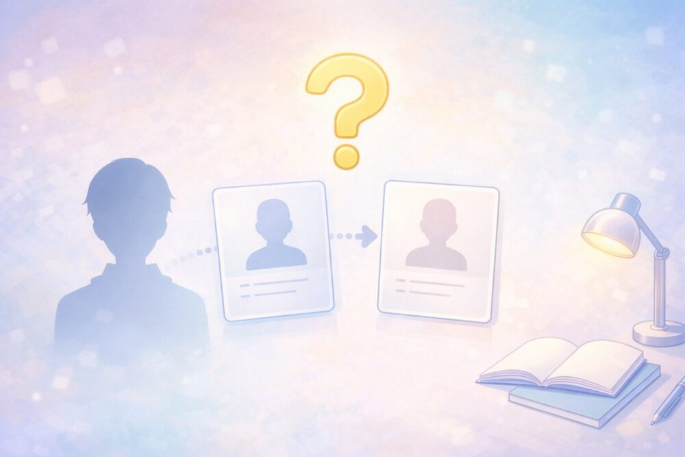 前世の意味をやさしく説明するための、過去と現在の無地プロフィールカードをつないだ図解風ビジュアル